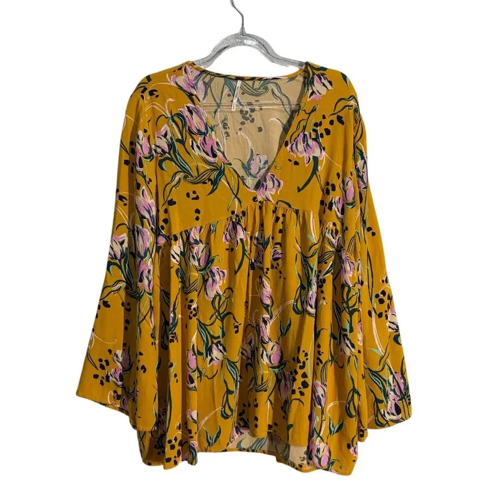 Free People Bella Golden Yellow Floral Print Spring Tunic Blouse sz M Boho